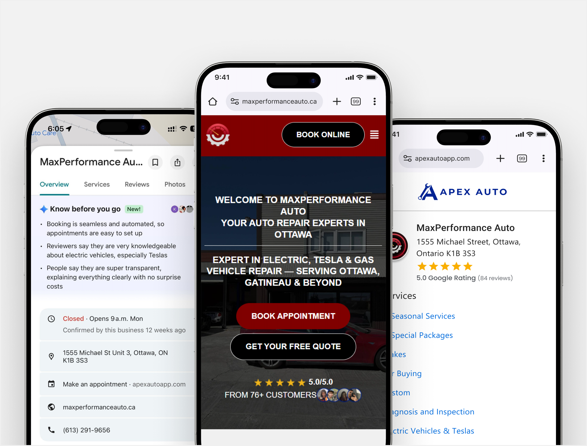 MaxPerformance Auto on website, Google Business profile and booking page on phones
